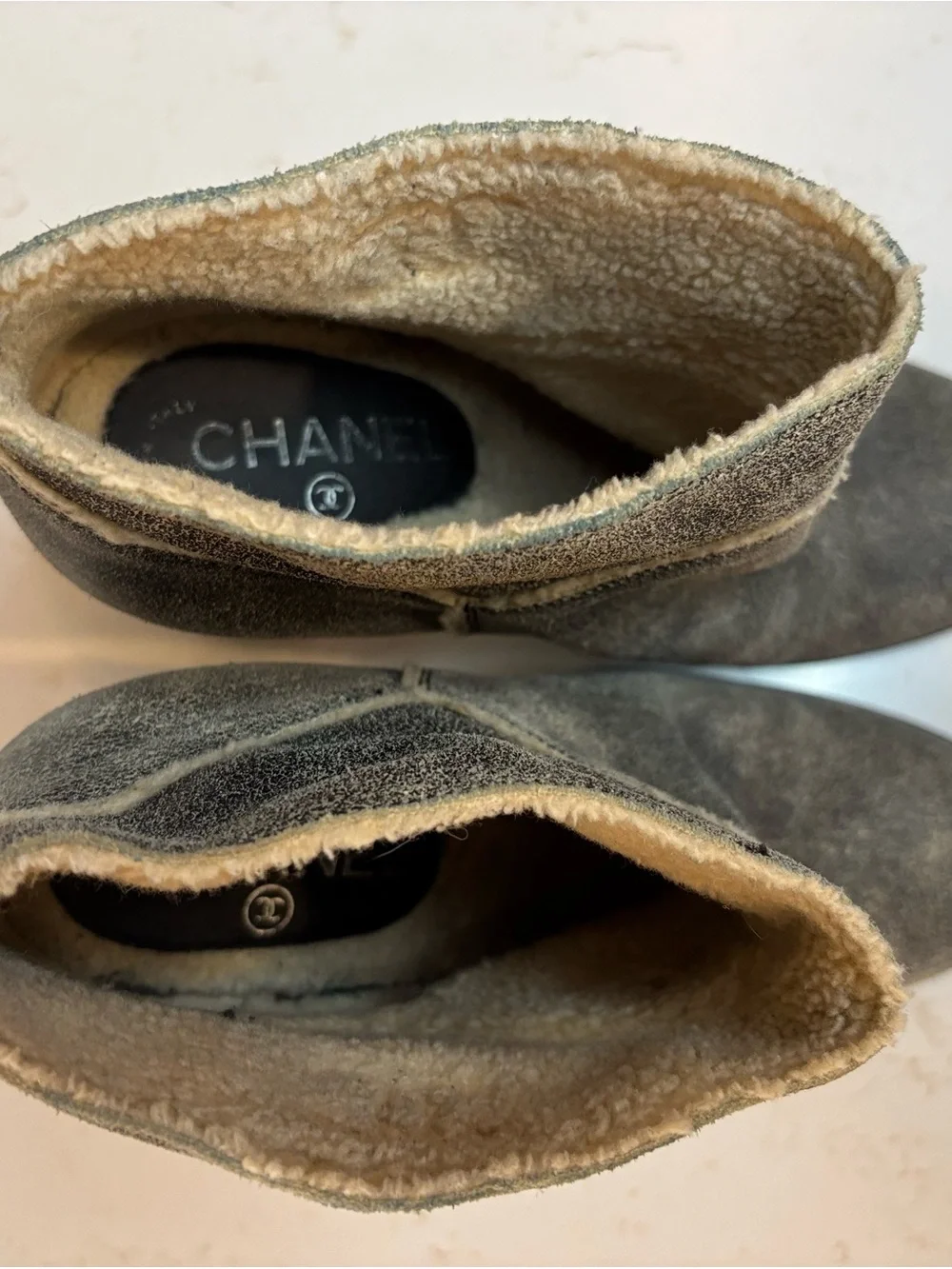 CHANEL Gray Suede Shearling Trim Ankle Booties